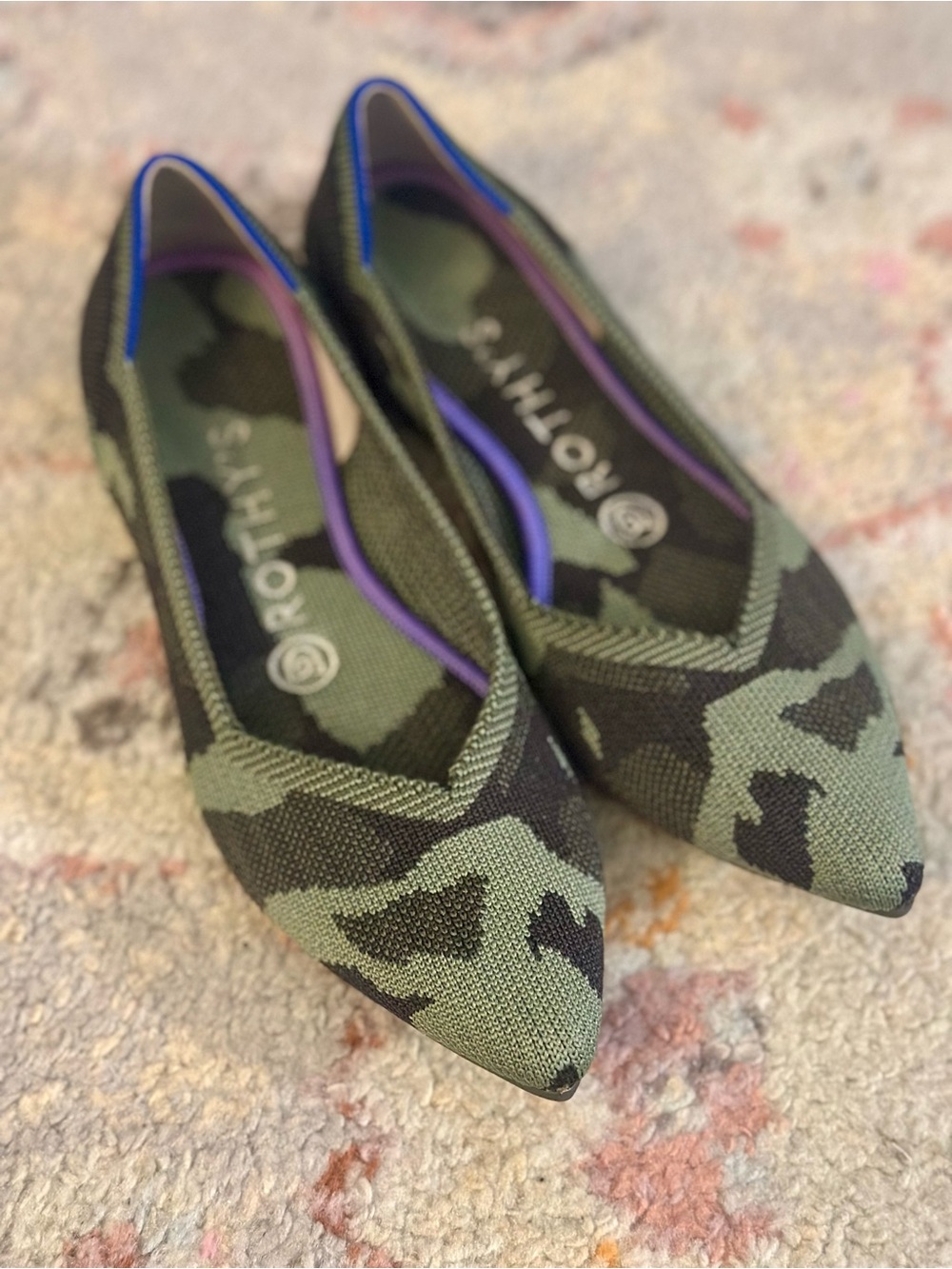 Rothy's Pointed Camo Knit Flats in Olive and Black with Purple Trim